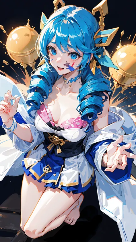 1 girl,solo, masterpiece, best quality,full-body shot，（女孩穿上clown服装:1.8），clown，face color，（There  heavy makeup on the face:1.8），Eerily laughter，perfect lighting, Double tail, drill hair, blue hair, blue eyes, Gwen, 