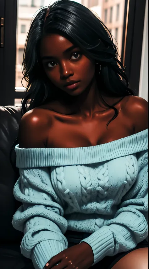 upper body shot, ((beautiful black woman with flawless dark skin)), long hair with gradient blue glow, clearly defined facial fe...