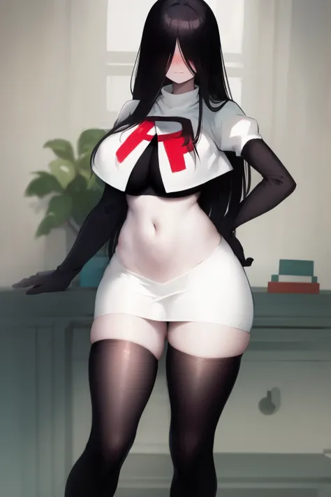 masterpiece, detailed, high quality, absurdres, sadako, (hair over eyes), pale skin, blush, large breasts, curvy, navel, stomach, groin, team rocket,team rocket uniform, red letter R, white skirt,white crop top,black thigh-highs, black elbow gloves,