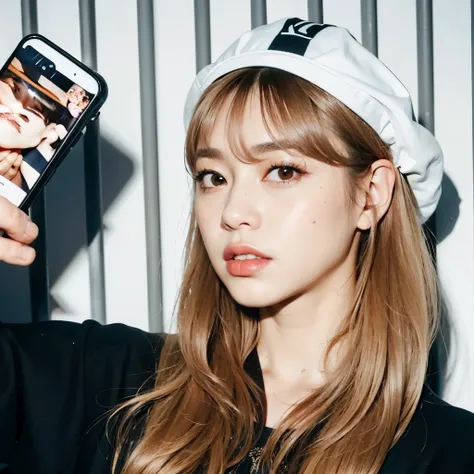 Arafed woman holding a cell phone and a cell phone in her hand., lalisa manoban of rosa negro, Lalisa Manobal, jossi of rosa negro, roseanne park of rosa negro, portrait of jossi of rosa negro, con flequillo completo, con flequillo, kim doyoung, sol yunjoo...