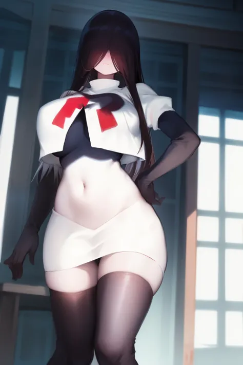 masterpiece, detailed, high quality, absurdres, sadako, (hair over eyes), pale skin, blush, large breasts, curvy, navel, stomach, groin, team rocket,team rocket uniform, red letter R, white skirt,white crop top,black thigh-highs, black elbow gloves,