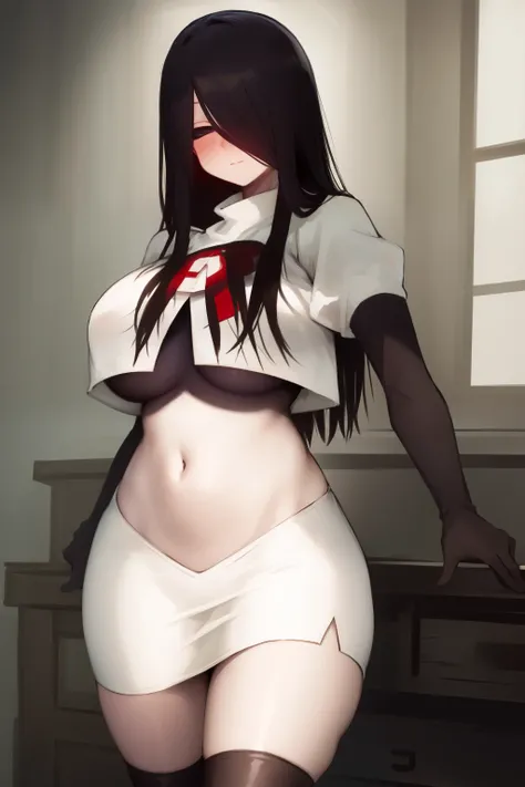 masterpiece, detailed, high quality, absurdres, sadako, (hair over eyes), pale skin, blush, large breasts, curvy, navel, stomach, groin, team rocket,team rocket uniform, red letter R, white skirt,white crop top,black thigh-highs, black elbow gloves,