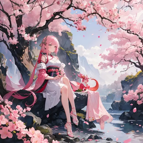 Transparent watercolors, girls, Jewel eyes, beautiful arrangements and motifs, depth of field, pink hair, pink dragon and girl, white and pink motifs, bigger dragon than girl, girl sitting on rocky ground , cherry blossom petals , new year