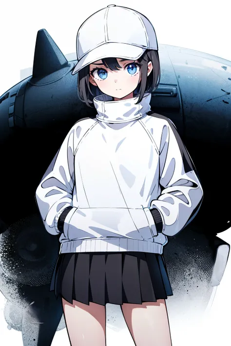 1girl, solo, blue eyes, (detailed eyes), flat chest, short hair, black hair, (baseball cap), white cap, (waterproof jacket), large jacket, (white jacket), skirt, black skirt, black socks, standing, (hands in pockets), (((Closed sweater))), upper body, (whi...