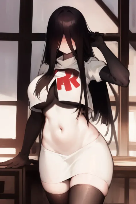 masterpiece, detailed, high quality, absurdres, sadako, (hair over eyes), pale skin, blush, large breasts, curvy, navel, stomach, groin, team rocket,team rocket uniform, red letter R, white skirt,white crop top,black thigh-highs, black elbow gloves,