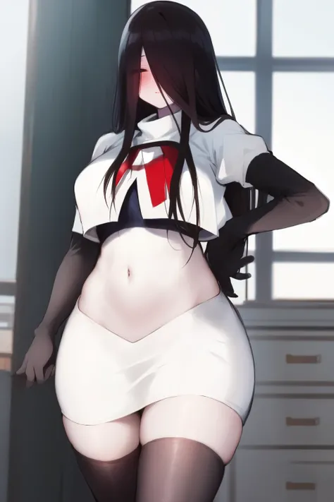 masterpiece, detailed, high quality, absurdres, sadako, (hair over eyes), pale skin, blush, large breasts, curvy, navel, stomach, groin, team rocket,team rocket uniform, red letter R, white skirt,white crop top,black thigh-highs, black elbow gloves,