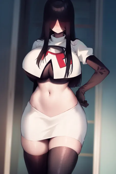 masterpiece, detailed, high quality, absurdres, sadako, (hair over eyes), pale skin, blush, large breasts, curvy, navel, stomach, groin, team rocket,team rocket uniform, red letter R, white skirt,white crop top,black thigh-highs, black elbow gloves,