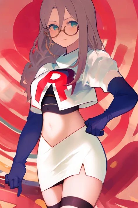 masterpiece, detailed, high quality, absurdres, aiaamare, 1girl, solo, glasses, cowboy shot,team rocket,team rocket uniform, red letter R, white skirt,white crop top,black thigh-highs, black elbow gloves,