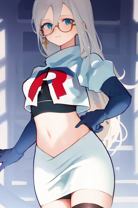 masterpiece, detailed, high quality, absurdres, aiaamare, 1girl, solo, glasses, cowboy shot,team rocket,team rocket uniform, red letter R, white skirt,white crop top,black thigh-highs, black elbow gloves,