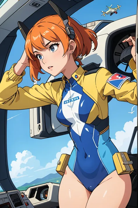 (masterpiece),( best quality), 1girl, pilot, flying helicopter, from cockpit, leotard