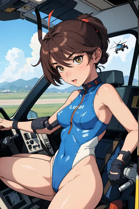 (masterpiece),( best quality), 1girl, pilot, flying helicopter, from cockpit, leotard