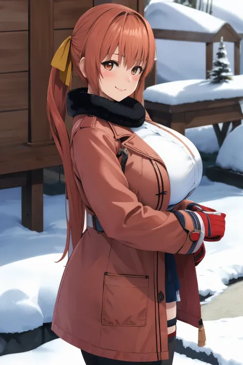 Kasumi, 1 girl, smile, blush, winter city, snow, coat,  big breasts, 