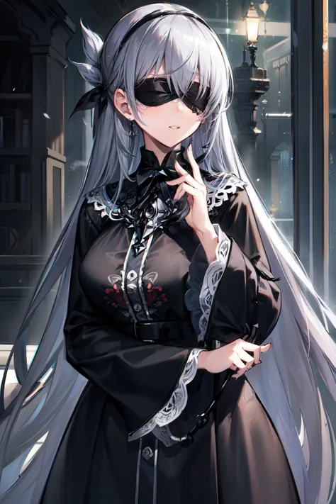 (best quality:1.3), (masterpiece:1.3), (illustration:1.3), (ultra-detailed:1.3), (imid shot:0.9), 1girl, ((gray hair)), (blindfold over eyes)), coat, tall, mature, long hair, hair ornaments, black dress, long sleeves, beauty mark,