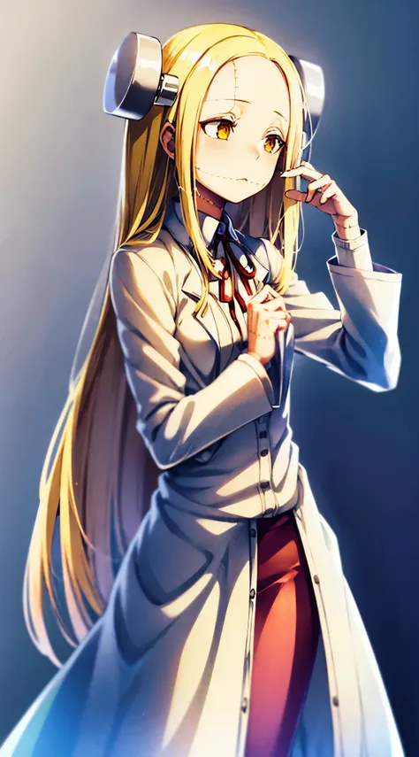 madaraki_fran,young woman, ((((wearing a white lab coat)))),((worried)), long hair , yellow hair,seams , scars on the body , (ha...