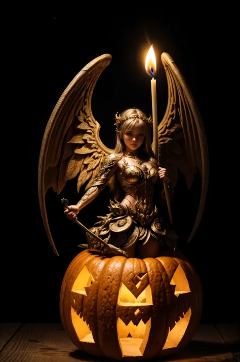 best quality, 32k, RAW photo, incredibly absurdres, extremely detailed, artwork, an Angel with pumpkin carved with dragon, artistic, clean lines, candle inside, ambient light, dark background, light up, delicate, flashy and dynamic depiction