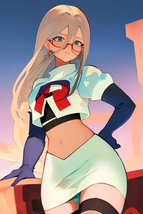 masterpiece, detailed, high quality, absurdres, aiaamare, 1girl, solo, glasses, cowboy shot,team rocket,team rocket uniform, red letter R, white skirt,white crop top,black thigh-highs, black elbow gloves,