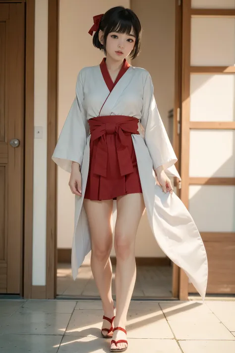 1girl,short hair,masterpiece,best quality,8K,photorealistic,detailed face,beautiful face,detailed skin,seikomatsuda,miko dressing,miko,red hakama,(full body),