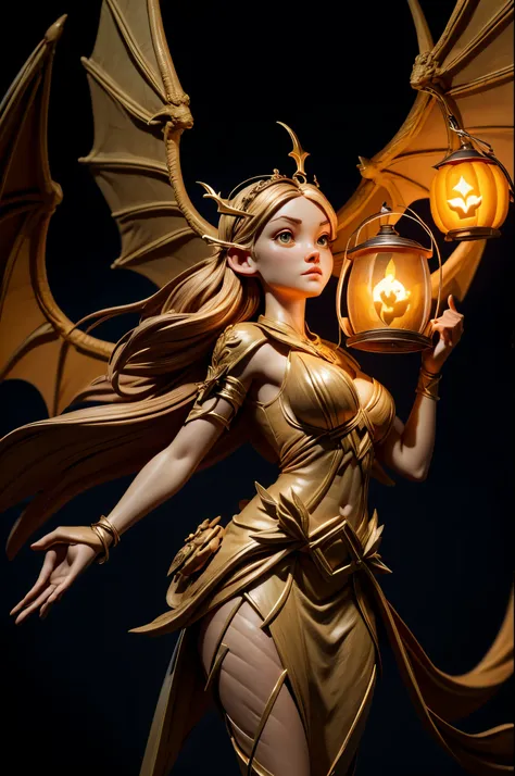 best quality, 32k, RAW photo, extremely detailed, artwork, an Angel holding an artistic pumpkin lantern, the lantern carved with a dragon, artistic, clean lines, ambient light, dark background, light up, delicate, flashy and dynamic depiction