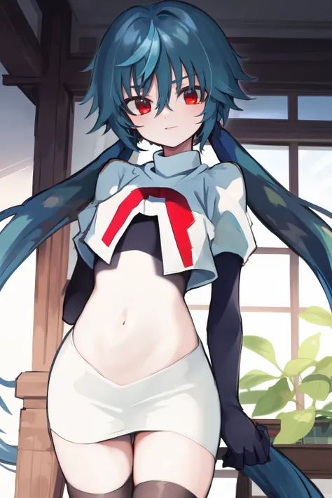 masterpiece, detailed, high quality, absurdres, yuko, 1girl, solo, low twintails, absurdly long hair, small breasts, curvy, looking at viewer, cowboy shot,team rocket,team rocket uniform, red letter R, white skirt,white crop top,black thigh-highs, black el...