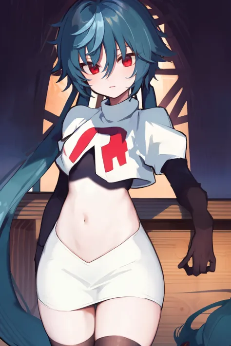 masterpiece, detailed, high quality, absurdres, yuko, 1girl, solo, low twintails, absurdly long hair, small breasts, curvy, looking at viewer, cowboy shot,team rocket,team rocket uniform, red letter R, white skirt,white crop top,black thigh-highs, black el...