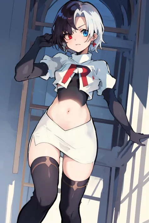 masterpiece, detailed, high quality, absurdres, penrose, 1girl, solo, heterochromia, red eyes, blue eyes, small breasts, curvy, cowboy shot, team rocket,team rocket uniform, red letter R, white skirt,white crop top,black thigh-highs, black elbow gloves,