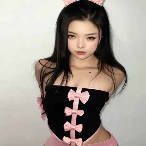 araffe in a pink and black corset with a pink bow., muchacha coreana, 18 years, cruel korean gothic girl, japanese model, hermos...