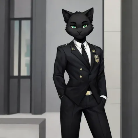 a sleek and slender anthropomorphic and bipedal black cat standing at a height of 61". His lithe and toned body exudes an air of grace and agility. His fur is a deep, velvety black, accentuating his elegant features. Felixs piercing green eyes hold a hint ...