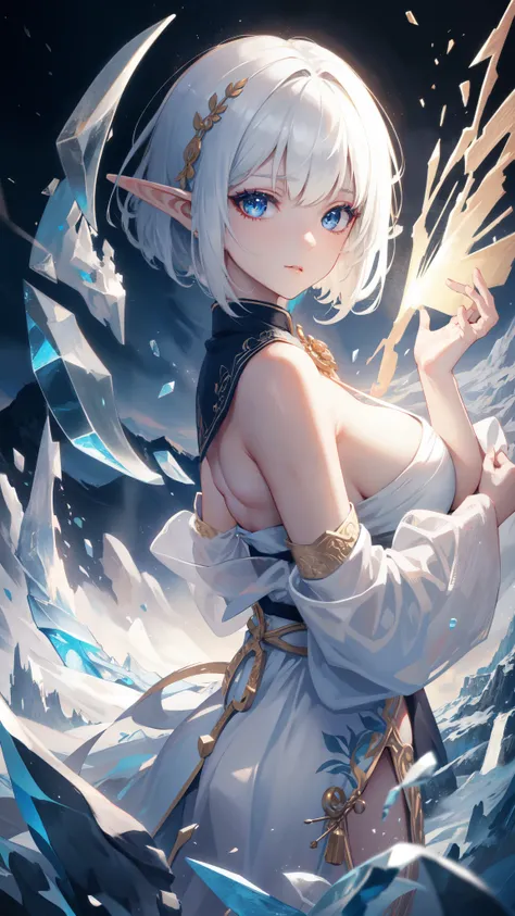 ((masterpiece )), (top quality), (best quality), ((ultra-detailed, 8k quality)), Aesthetics, Cinematic lighting, (detailed line art), Beautiful digital artwork, Exquisite digital illustration，painting, 
BREAK,
Painting of a elf girl with white hair sitting...