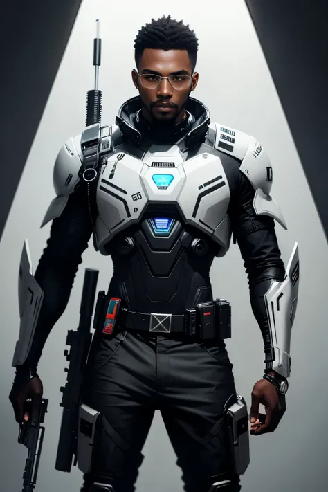 Amazing futuristic Angolan black man with a gun in each hand ,by João Matos , Insanamente detalhado, humorous, hiper detalhado, cromada, premiado, impressionante, Instigantes, moda futurista, tecnologia futurista, fun, Bem iluminado