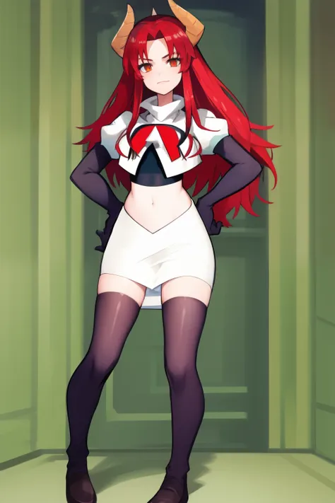 masterpiece, detailed, high quality, absurdres, zentreyad_dragon,red hair, team rocket,team rocket uniform, red letter r, white ...