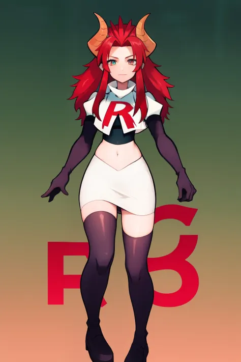 masterpiece, detailed, high quality, absurdres, zentreyad_dragon,red hair, team rocket,team rocket uniform, red letter r, white ...