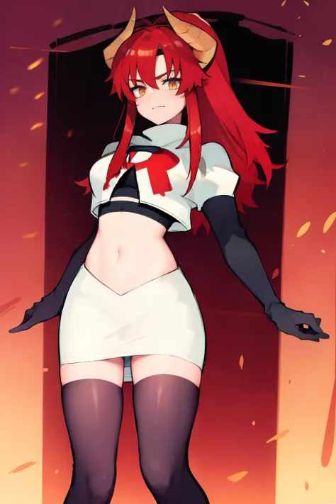 masterpiece, detailed, high quality, absurdres, zentreyad_dragon,red hair, team rocket,team rocket uniform, red letter R, white skirt,white crop top,black thigh-highs, black elbow gloves,