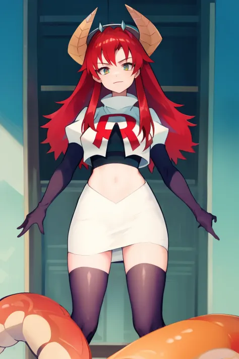 masterpiece, detailed, high quality, absurdres, zentreyad_dragon,red hair, team rocket,team rocket uniform, red letter r, white ...