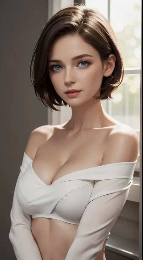 Skin Tight White Top:1.2、look at viewer、cinematic lighting、perfect、soft light、High resolution skin:1.2、realistic skin texture、30 years old mature woman、small face、no makeup、off shoulder、Bust B Cup、 exposed cleavage、blue eyes、short hair、dark brown hair、full...