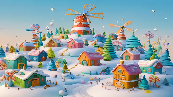 a brightly colored village with a windmill and snow covered trees, sunlight and whimsical houses, candy forest, whimsical fantasy landscape art, official artwork, gingerbread candy village, magical village, in a candy land style house, fantasy matte painti...