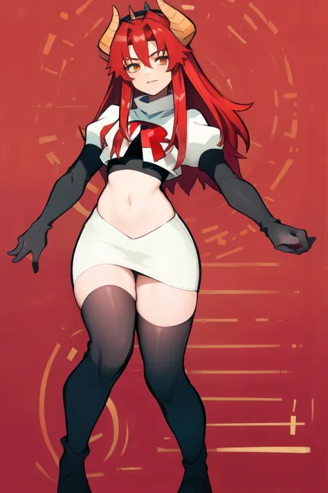 masterpiece, detailed, high quality, absurdres, zentreyad_dragon,red hair, team rocket,team rocket uniform, red letter r, white ...