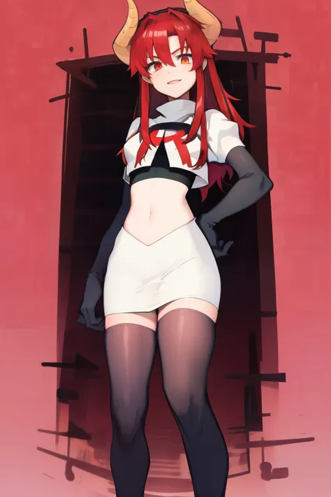 masterpiece, detailed, high quality, absurdres, zentreyad_dragon,red hair, team rocket,team rocket uniform, red letter r, white ...