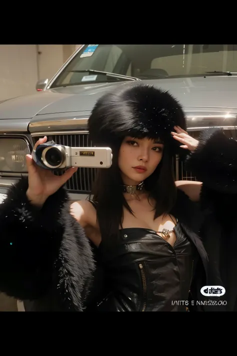 woman in pelo preto coat holding a camera and a car, Bela Hadid, Bella Poarca, inspirado em Zhu Da, ainda de um videoclipe, Nico Robin, sasha cinza, 35mm —W 1920 —H 1080, pelo preto, no estilo de kar wai wong, Anna Nikonova aka Newmilky, estilo y2k