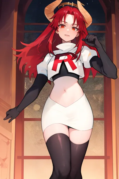 masterpiece, detailed, high quality, absurdres, zentreyad_dragon,red hair, team rocket,team rocket uniform, red letter r, white ...