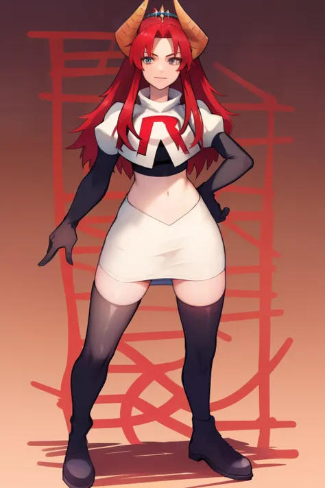 masterpiece, detailed, high quality, absurdres, zentreyad_dragon,red hair, team rocket,team rocket uniform, red letter r, white ...