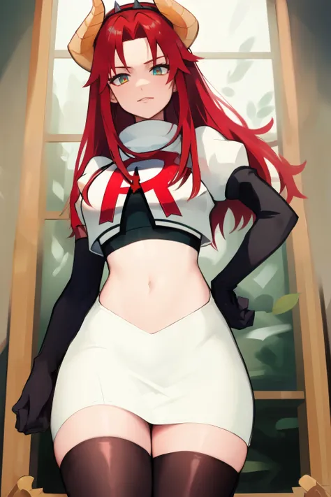 masterpiece, detailed, high quality, absurdres, zentreyad_dragon,red hair, team rocket,team rocket uniform, red letter R, white skirt,white crop top,black thigh-highs, black elbow gloves,