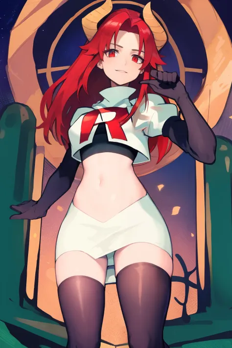 masterpiece, detailed, high quality, absurdres, zentreyad_dragon,red hair, team rocket,team rocket uniform, red letter r, white ...