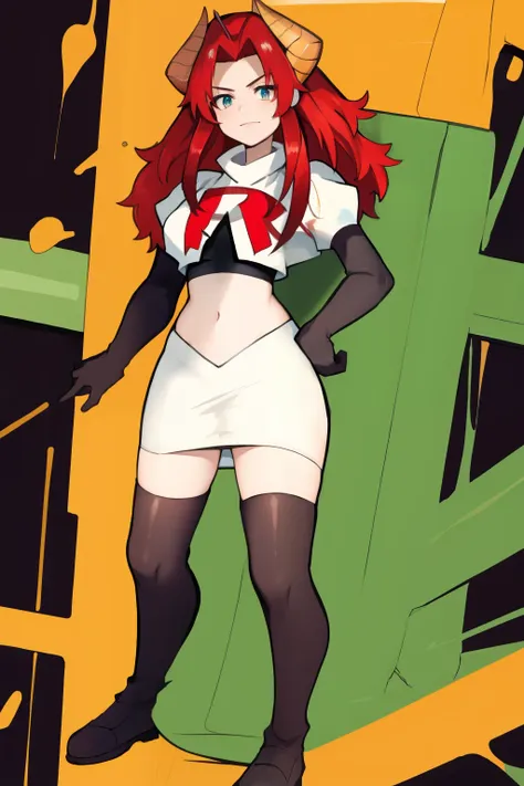 masterpiece, detailed, high quality, absurdres, zentreyad_dragon,red hair, team rocket,team rocket uniform, red letter R, white skirt,white crop top,black thigh-highs, black elbow gloves,