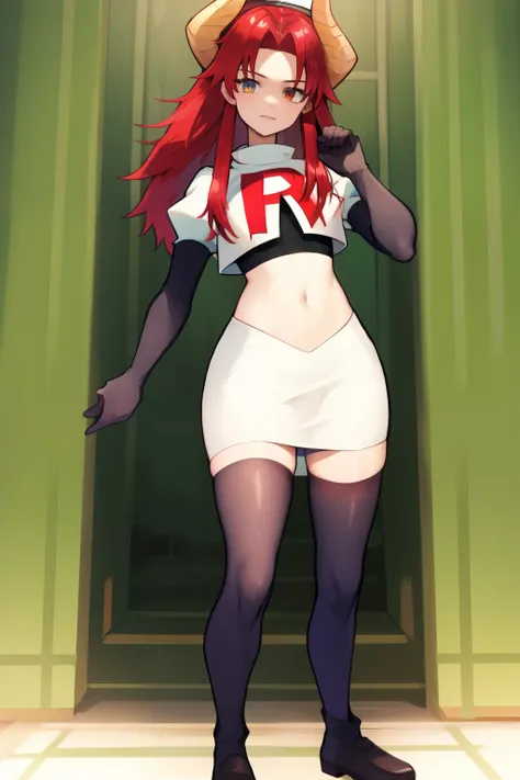 masterpiece, detailed, high quality, absurdres, zentreyad_dragon,red hair, team rocket,team rocket uniform, red letter r, white ...