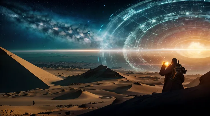 there a man standing on a mountain looking at a big circle, Stargate de pie en el desierto, depicted as a science fiction scene, Ancient Sci-Fi Elements, ancient science fiction art, antiguo futurista, In the movie 2 0 2 1 dune, antiguo pero futurista, fro...