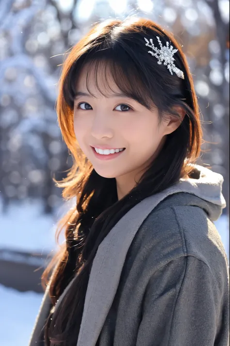 slender japanese woman looking at the camera、cute face、smile、snow in the background、high resolution、high-definition images