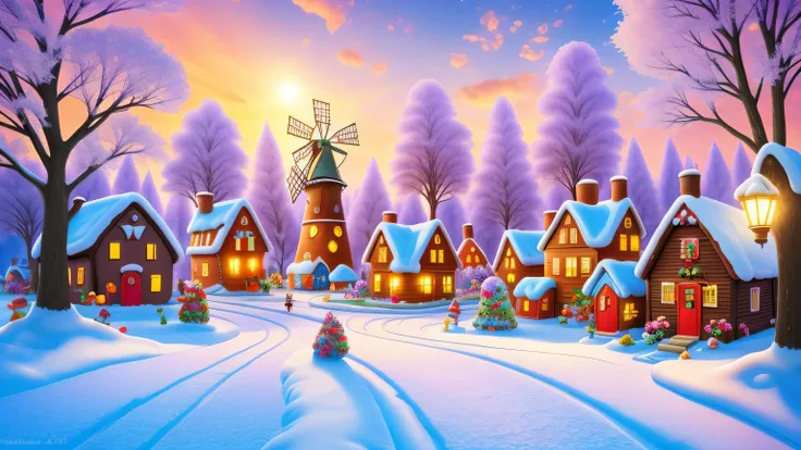 a brightly colored village with a windmill and snow covered trees, sunlight and whimsical houses, candy forest, whimsical fantasy landscape art, official artwork, gingerbread candy village, magical village, in a candy land style house, fantasy matte painti...