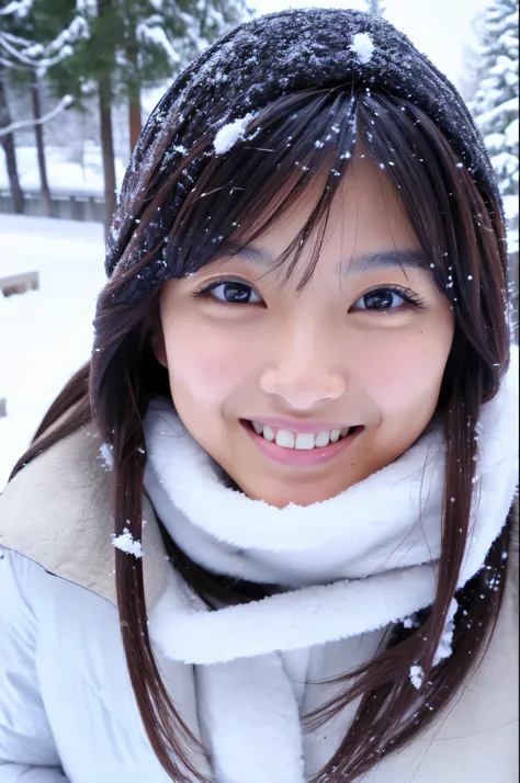 Slender Japanese woman looking at the camera、cute face、smile、Snow in the background、High resolution、High-definition images