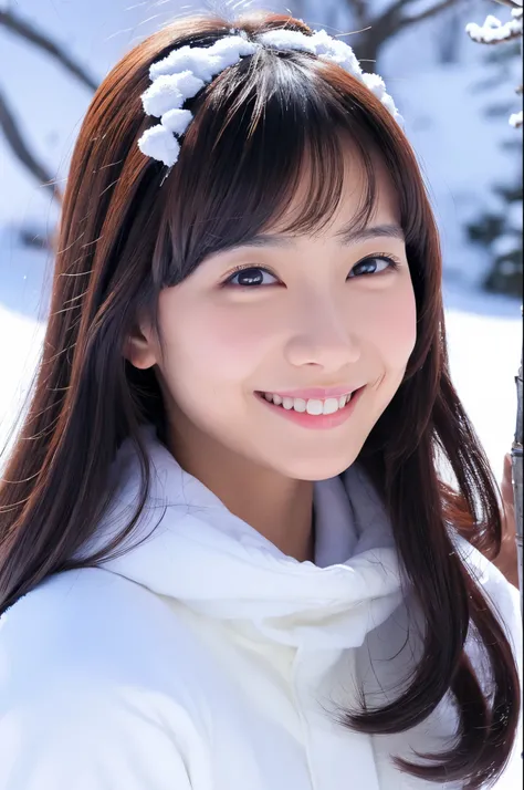 Slender Japanese woman looking at the camera、cute face、smile、Snow in the background、High resolution、High-definition images