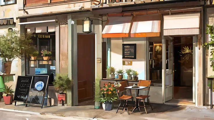 High-quality photography, film style, shooting outdoor corner coffee shop on the streets of Europe, with coffee tables and chairs, potted flowers and flowers, realistic style photography